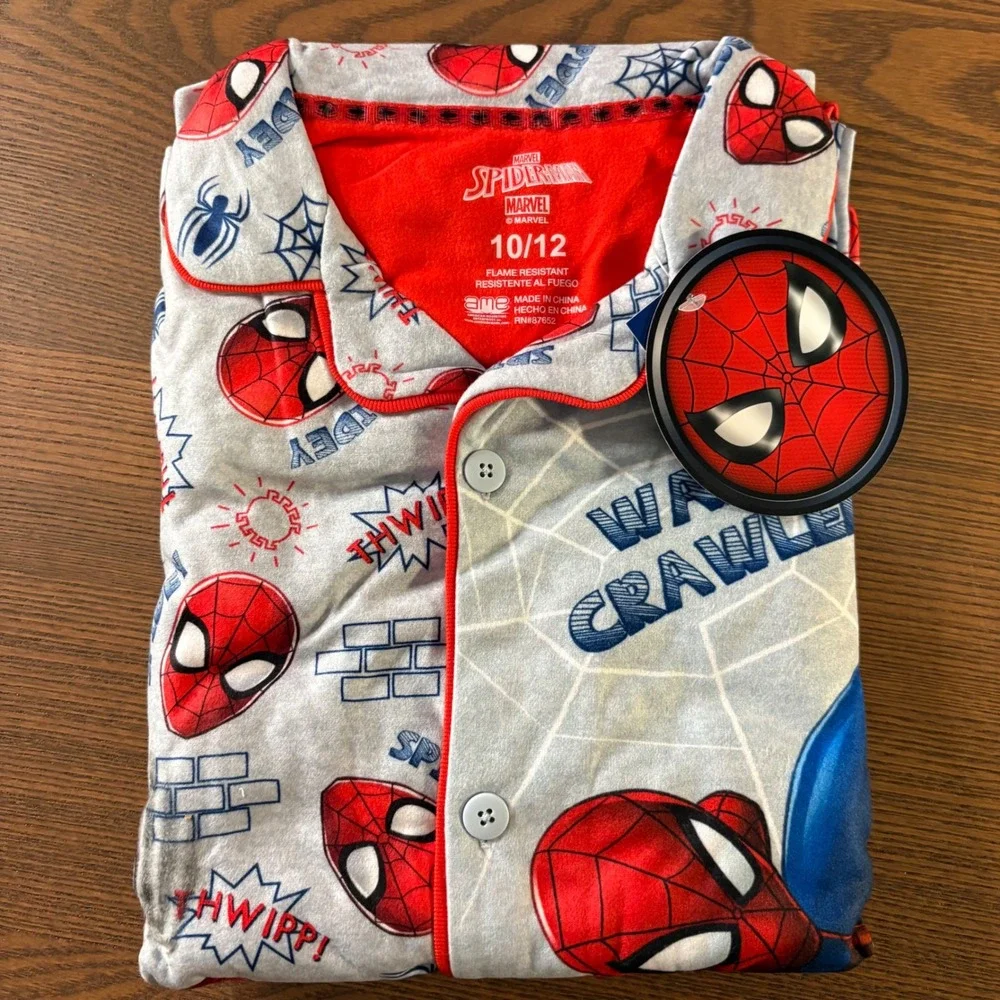 Marvel Spider-Man Boys Pajama Set Coat Style 10/12 Grey Red Fleece Wall Crawler‎